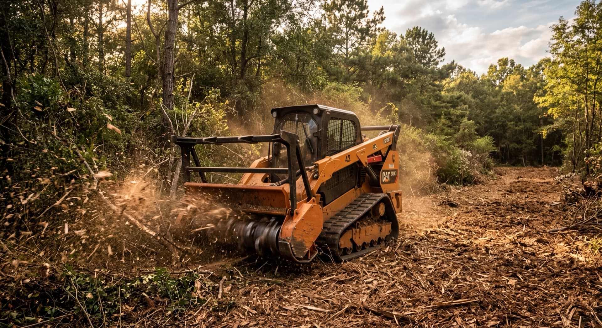 Forestry mulching machine clearing overgrown land in Huntsville, Alabama