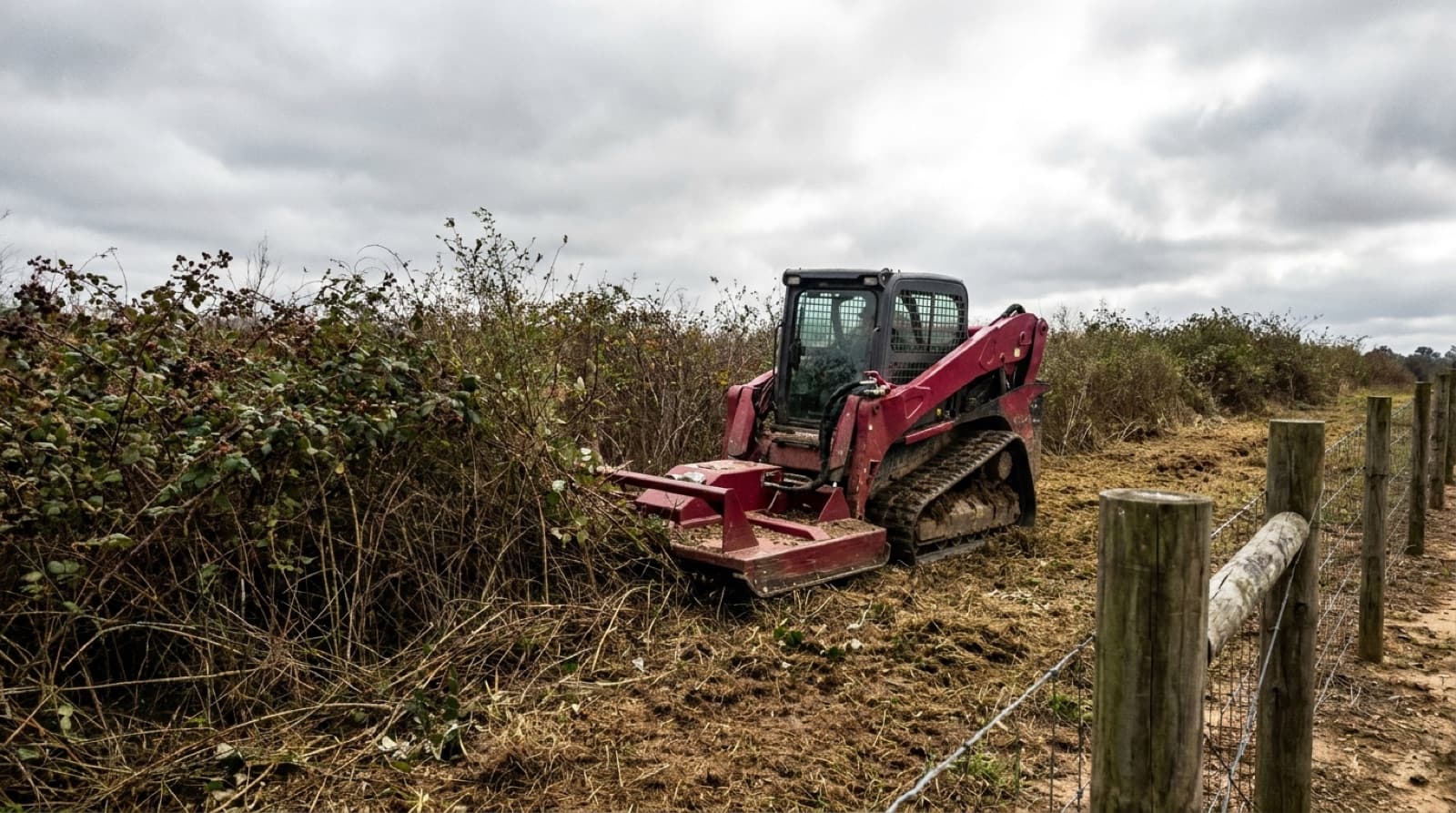 Brush cutter clearing overgrowth on Alabama farmland