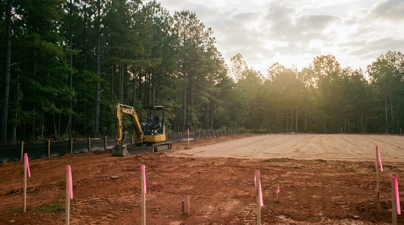 Graded building pad prepared on red clay in Madison County, Alabama