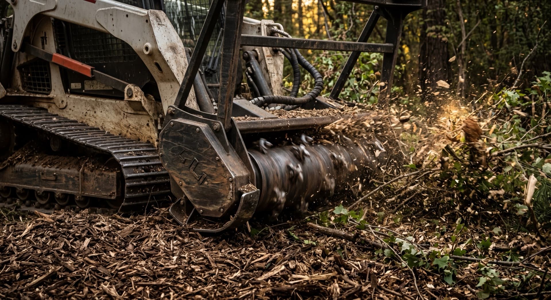 Forestry mulcher grinding brush into mulch on North Alabama acreage